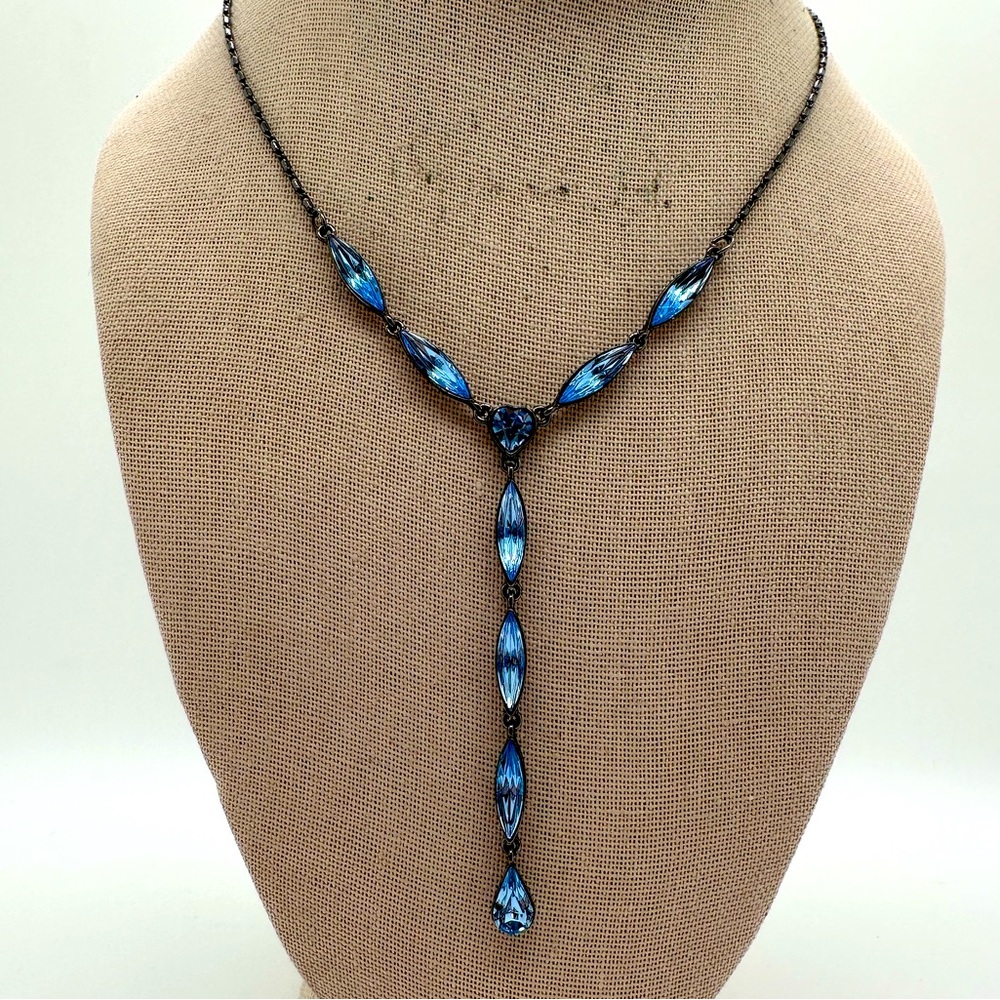 Givenchy blue rhinestone crystal gun metal dangle necklace